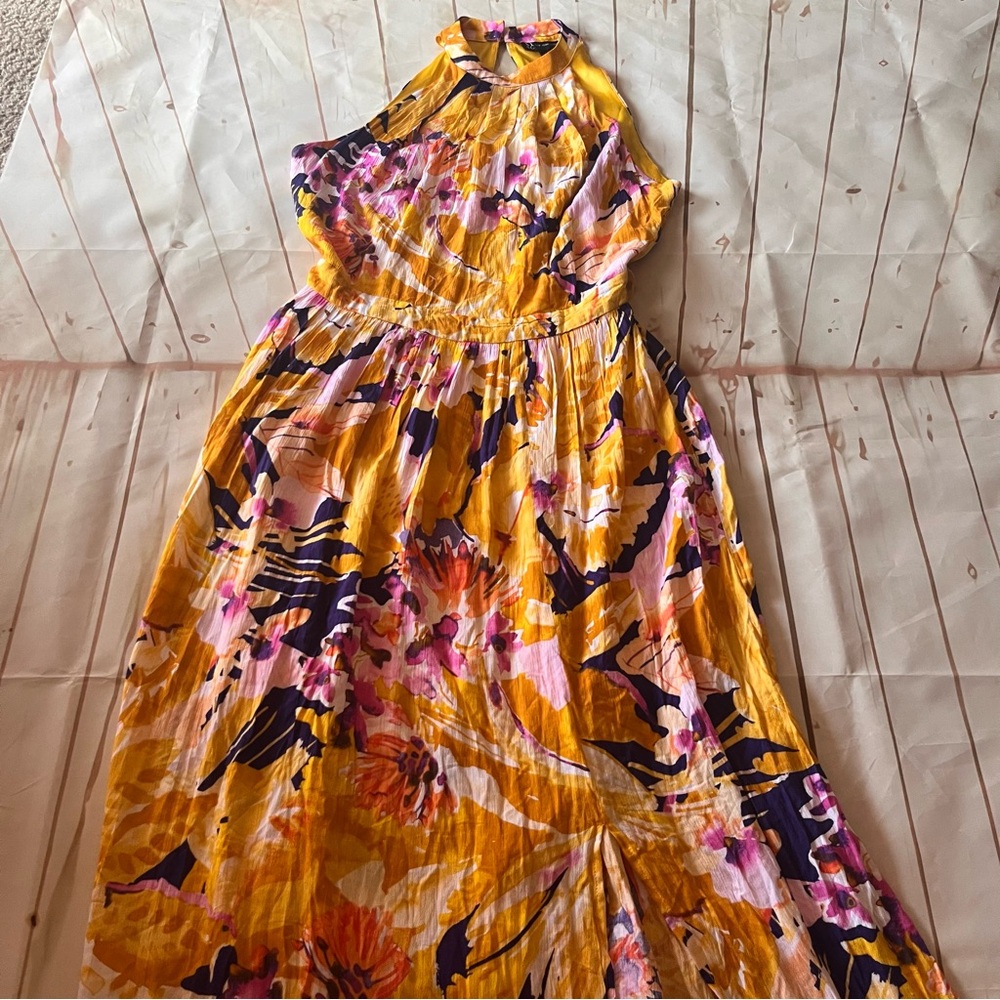 New York & Company Yellow Floral Halter Maxi Dress with Purple Accents